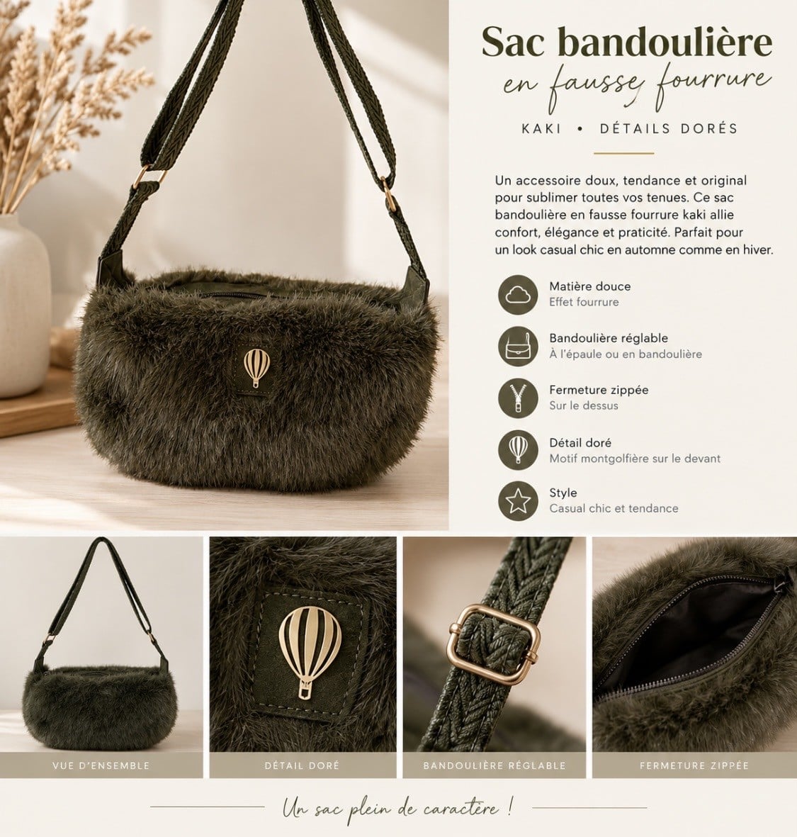 Sac fausse fourrure kaki foncé Budalli - Le Voyage en Panier